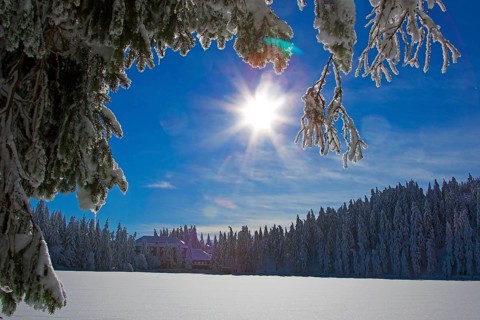 Frozen Mummelsee in winter, Bühlertal, Black Forest, Baden-Württemberg, Germany, Europe