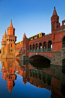 Oberbaum Bridge over the Spree with yellow underground, Friedrichshain-Kreuzberg district, Berlin,