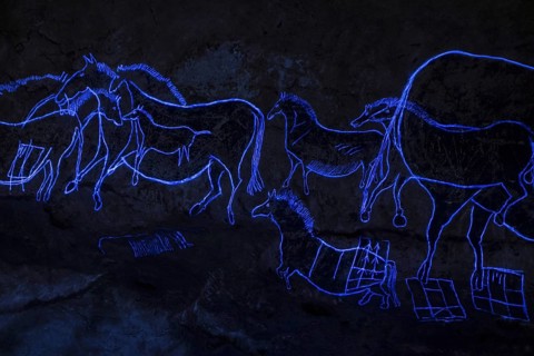 Replica of part of the Lascaux cave showing with black light prehistoric animals incised in the