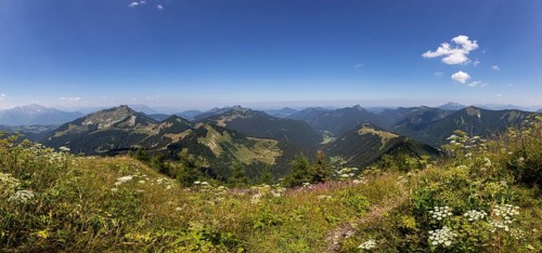 Panorama photo, mountain landscape, view from the Regenspitz to the Bergalm and Feichtensteinalm,