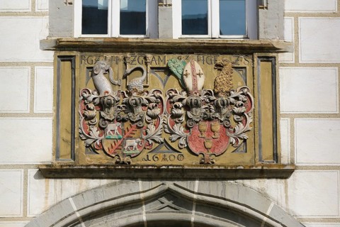 Alliance coat of arms of Count Rudolf VI von Helfenstein and Anna Maria von Staufen on Helfenstein