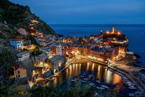 Vernazza fishing village, blue hour, Cinque Terre, La Spezia province, Liguria, Italy, Europe