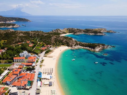Aerial view, beach, Kalamitsi, Sithonia, Chalkidiki, Central Macedonia, Greece, Europe