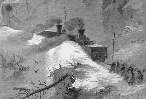 A train in an accident in the middle of the snow on the railway line over the Brenner Pass, 1869,