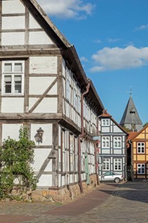 Half-timbered houses, church, town centre, Hitzacker, Lower Saxony, Germany, Europe
