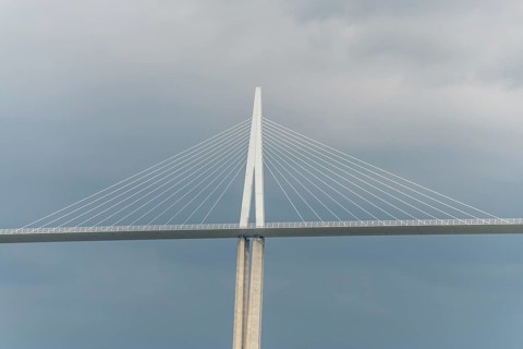 Millau viaduct, cable-stayed bridge over Tarn valley. The highest road bridge in the world. A75