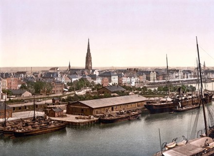 View of Bremerhafen, Bremerhaven, seen from the lighthouse, harbour, Historic, digitally enhanced