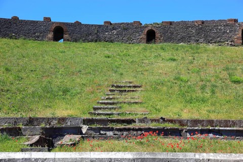 Remains of the audience tiers, steps, The Theatre, Pompeii, ancient city in Campania on the Gulf of