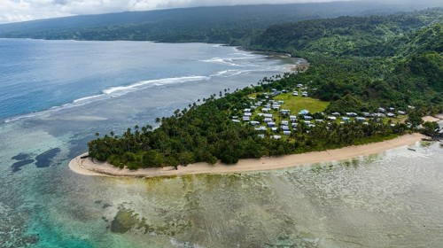 Aerial of the Lavena peninsula, Bouma National Park, Taveuni, Fiji, South Pacific, Oceania