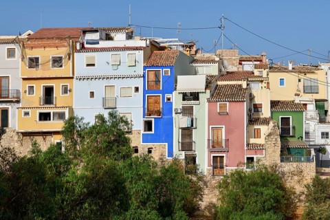 Colourful house facades, La Vila Joiosa, Villajoiosa, Costa Blanca, Valencian Country, Spain,