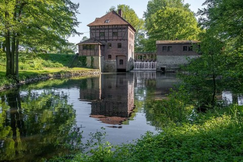 Brüningmühle, old water mill on the Vechte, Schöppingen, North Rhine-Westphalia, Germany, Europe