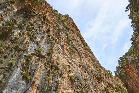 Gorge wall, cloudy blue sky, Samaria Gorge, Omalos, Lefka Ori, White Mountains, West Crete, Island