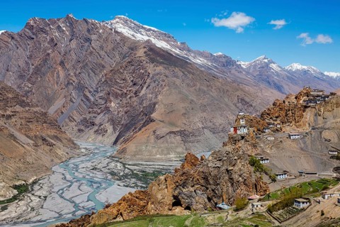 Dhankar monastry perched on a cliff in Himalayas. Dhankar, Spiti Valley, Himachal Pradesh, India,