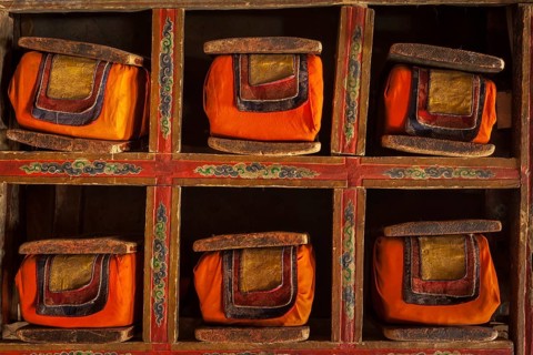 Folios of old manuscripts in library of Thiksey Gompa (Tibetan Buddhist Monastery) . Ladakh, India,