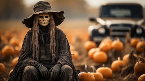 Scary ghostly halloween scarecrow figure sitting amongst the country pumpkin patch, generative AI