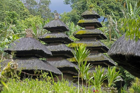 Multi-tiered meru towers at Pura Luhur Batukaru, Hindu temple in Tabanan on southern slope of Mount