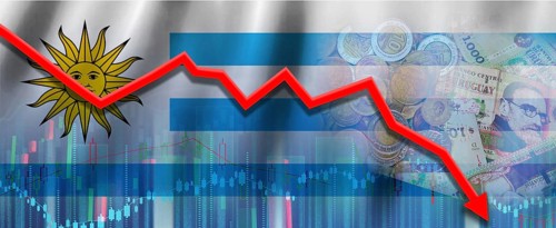 Uruguay financial crisis on economic graph. Financial fall of Uruguay economy on financial graph