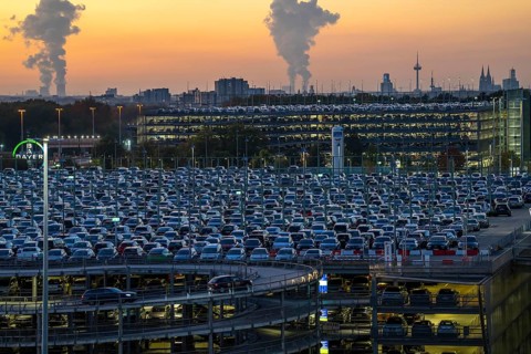 Full car park P2, at Cologne-Bonn Airport, behind car park P3 and the Cologne skyline, North