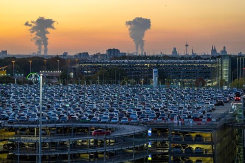 Full car park P2, at Cologne-Bonn Airport, behind car park P3 and the Cologne skyline, North