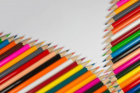 Abstract composition of a set cedar wooden colour pencils against a white background in zipper