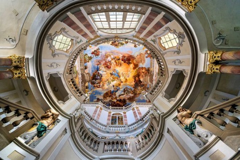 Ceiling fresco in the Baroque staircase from 1723, Wurzach Castle, Bad Wurzach, Allgäu,