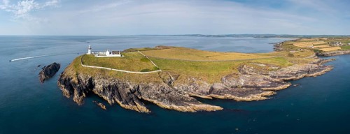 Aerial panorama landscape view of the Galley Head Lighthouse in County Cork