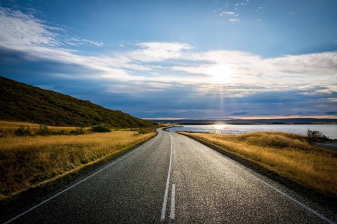 In the morning on the way to Husavik, Iceland, road, landscape, sea, sun, Europe
