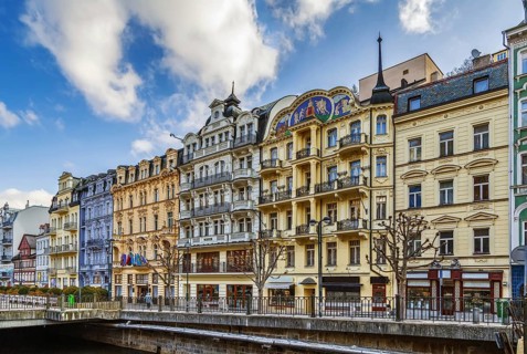 Embankment of Tepla river in the center of Karlovy Vary, Czech republic