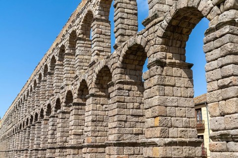Segovia, Spain, 7 April, 2024: architectural detail view of the Aqueduct of Segovia, Europe