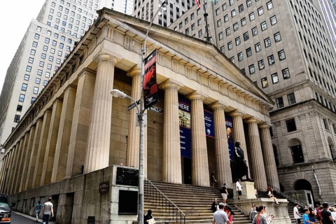New York City, USA, June 20, 2018: Low angle view of Federal Hall National Memorial building in