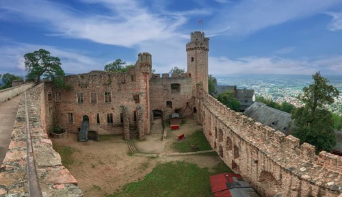 Auerbach Castle on the Bergstrasse, castle ruins, panoramic photo, Bensheim, Hesse, Germany, Europe