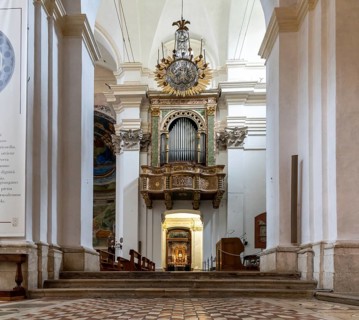 Spoleto, Italy, 25 November, 2022: side nave of the Spoleto Cathedral with the pipe organ in the