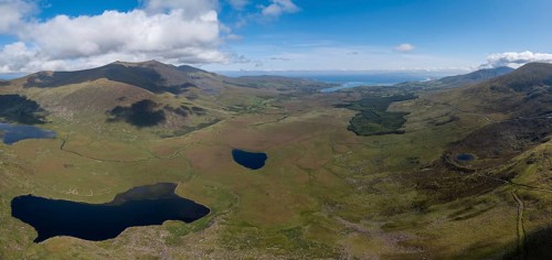 A panorama aerial view of the Mountains of the Central Dingle Peninsula in County Kerry of Ireland
