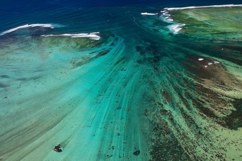 Underwater waterfall, optical illusion, natural phenomenon, aerial view, reef, coral reef, fringing