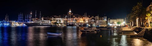 Ships in the harbour, Night shot, Panorama shot, Korcula, Island of Korcula, Dalmatia, Croatia,