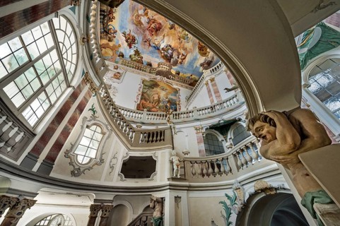 Frescoes in the Baroque staircase from 1723, Wurzach Castle, Bad Wurzach, Allgäu,