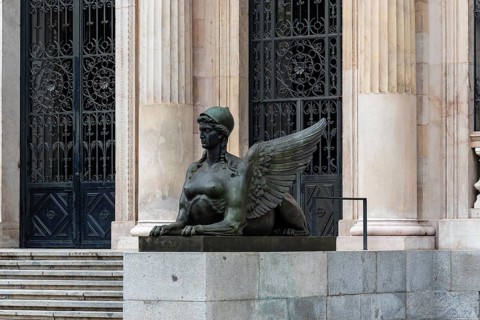Madrid, Spain, October 16, 2021: Bronze sphinx in National Museum of Archaeology of Madrid in