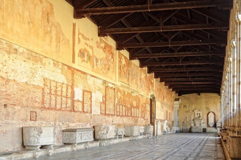 Frescoes and sarcophagi in the hallway of the Cemetery (Camposanto) on the Square of Miracles