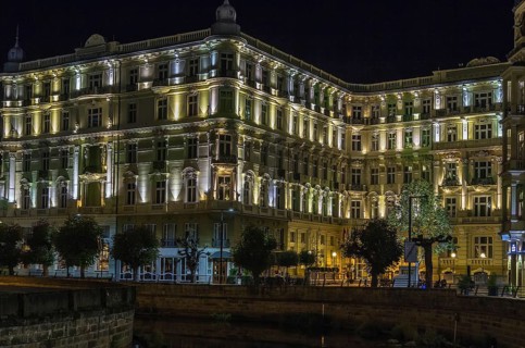 The Grandhotel Pupp is luxury hotel located in Karlovy Vary in evening, Czech Republic, Europe