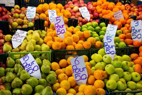 Fruit and vegetable market, market hall, old town, Port Louis, Indian Ocean, island, Mauritius,