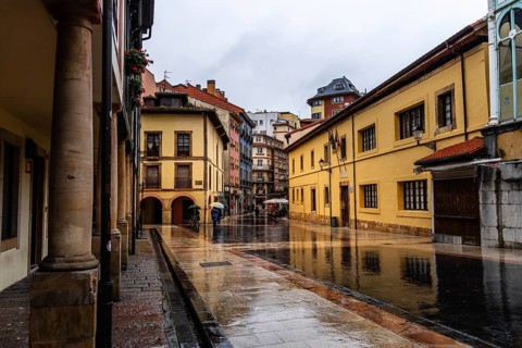 Oviedo, Spain, March 27, 2024: Cityscape of Oviedo a rainy spring day, Europe