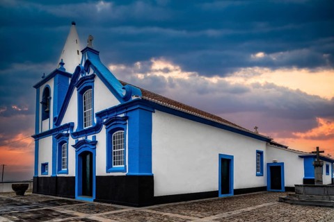 The church of Quatro Ribeiras at sunset. Terceira Island, Azores, Portugal, Europe