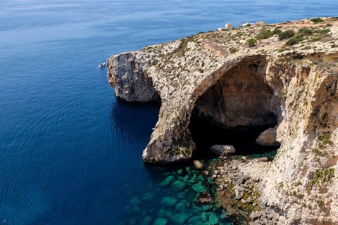 The natural arch of the Blue Grotto photographed from the Blue Wall and Grotto Viewpoint, Qrendi,