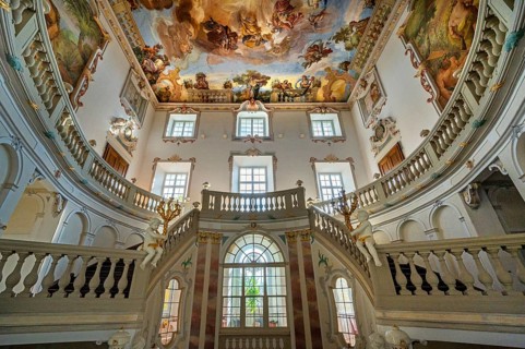 Ceiling fresco in the Baroque staircase from 1723, Wurzach Castle, Bad Wurzach, Allgäu,