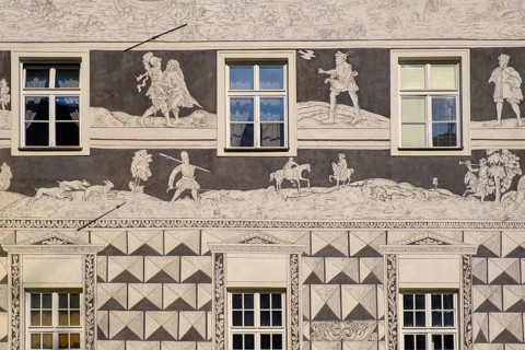 Detail of the sgraffito decoration on the façade of the House of Knights, U Rytiru, Mikulov,