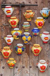 Traditional ceramics on an old wooden gate, Frigiliana, Andalusia, Spain, Europe