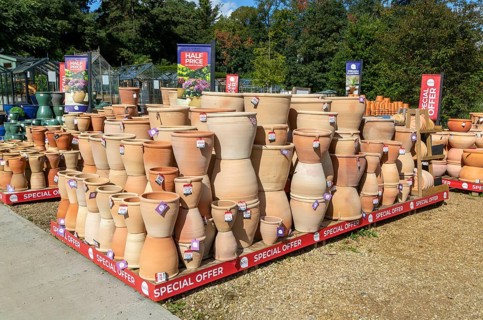 Variety of planter pots on display at Notcutts garden centre, Woodbridge, Suffolk, England, UK