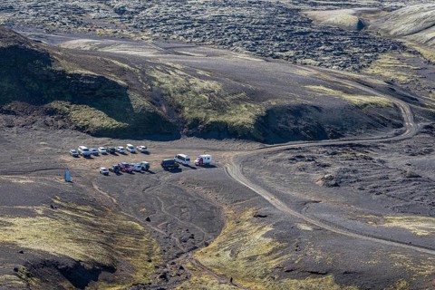 Parking lot at mt. Laki, Laki crater or Lakagígar, series of craters, interior highlands of