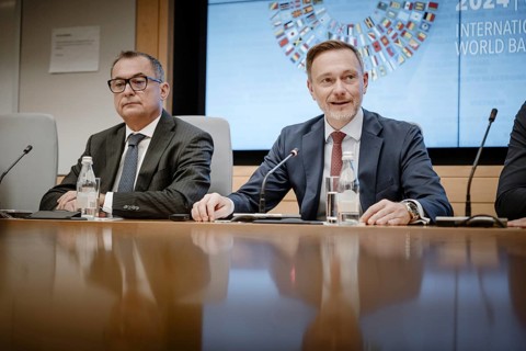 Christian Lindner (FDP), Federal Minister of Finance, photographed during the IMF press conference