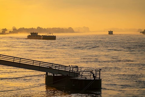 Cargo ships on the Rhine near Emmerich, early morning, sunrise, fog, mist on the river, jetty in